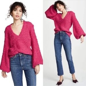 C/MEO Collective Sweater Coco Knit Balloon Sleeve V-neck Wool Blend Hot Pink XS